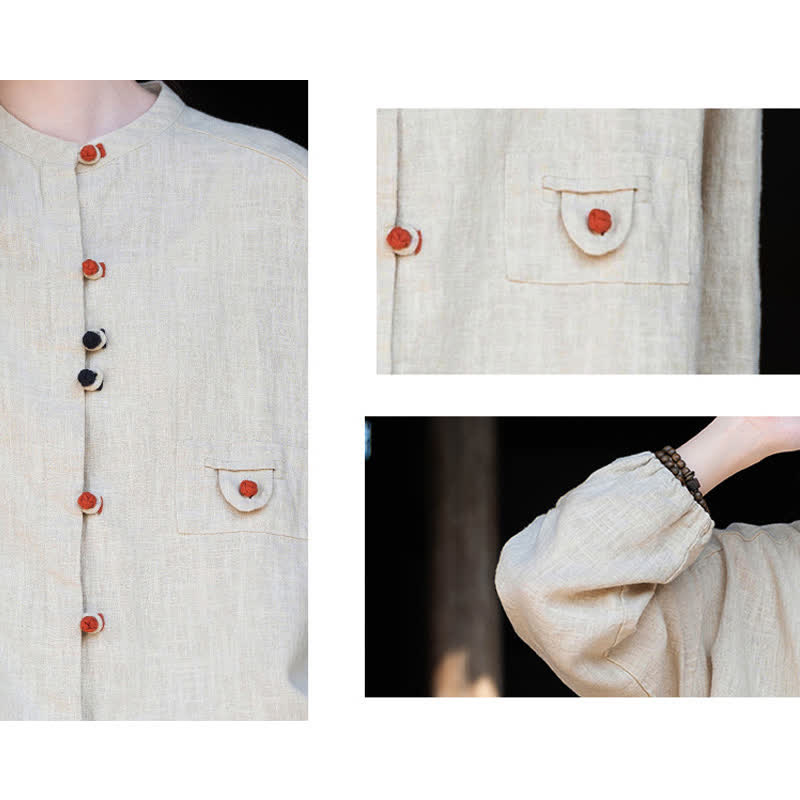 Buddha Stones Fall Tang Style Vintage Frog Button Solid Ramie Women's Long Sleeve Shirts - image 10