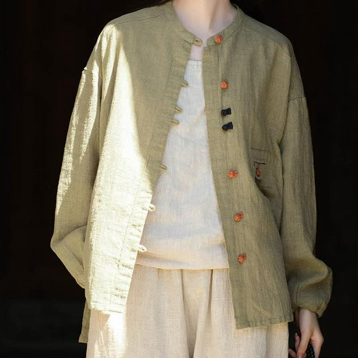 Buddha Stones Fall Tang Style Vintage Frog Button Solid Ramie Women's Long Sleeve Shirts - image 2