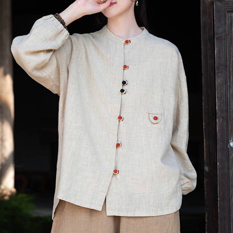 Buddha Stones Fall Tang Style Vintage Frog Button Solid Ramie Women's Long Sleeve Shirts - image 8