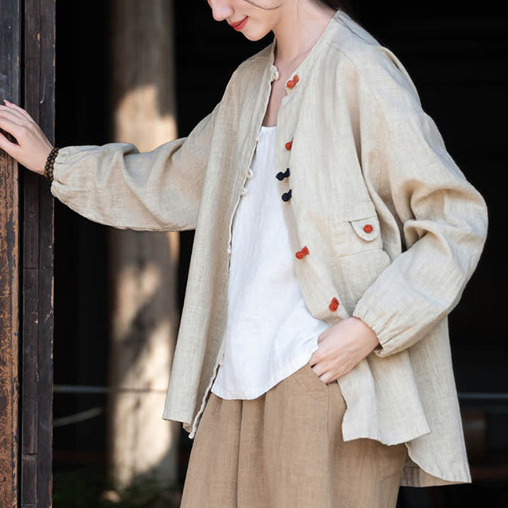 Buddha Stones Fall Tang Style Vintage Frog Button Solid Ramie Women's Long Sleeve Shirts - image 9