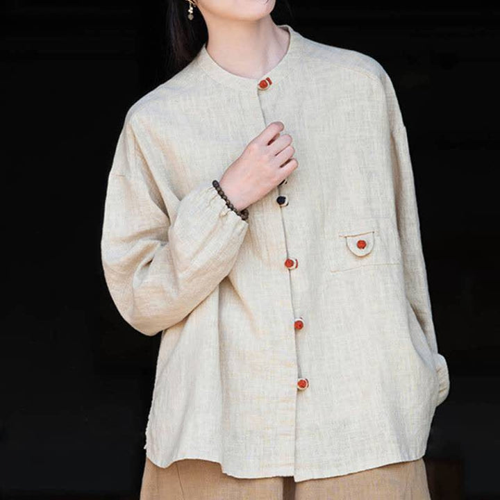 Buddha Stones Fall Tang Style Vintage Frog Button Solid Ramie Women's Long Sleeve Shirts - image 6