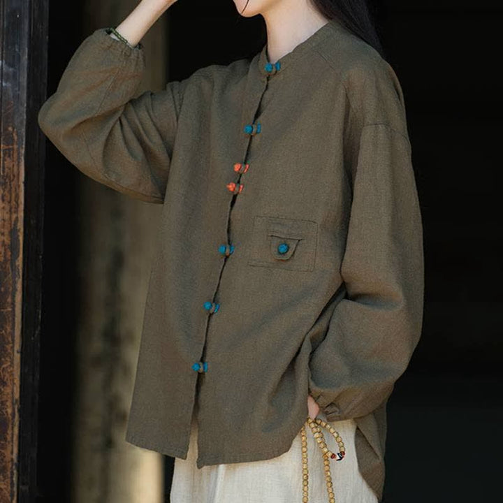 Buddha Stones Fall Tang Style Vintage Frog Button Solid Ramie Women's Long Sleeve Shirts - image 14