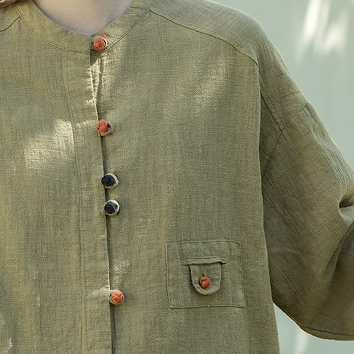 Buddha Stones Fall Tang Style Vintage Frog Button Solid Ramie Women's Long Sleeve Shirts - image 4