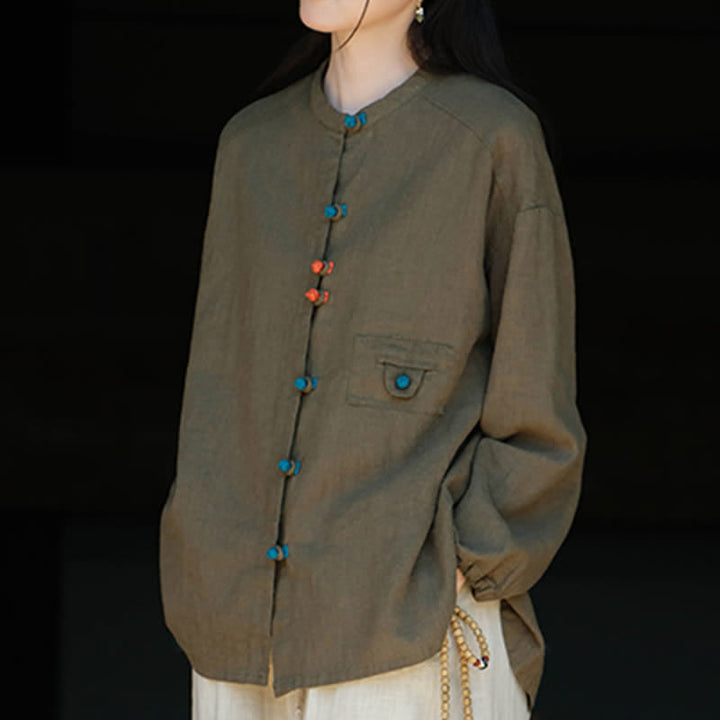 Buddha Stones Fall Tang Style Vintage Frog Button Solid Ramie Women's Long Sleeve Shirts - image 13