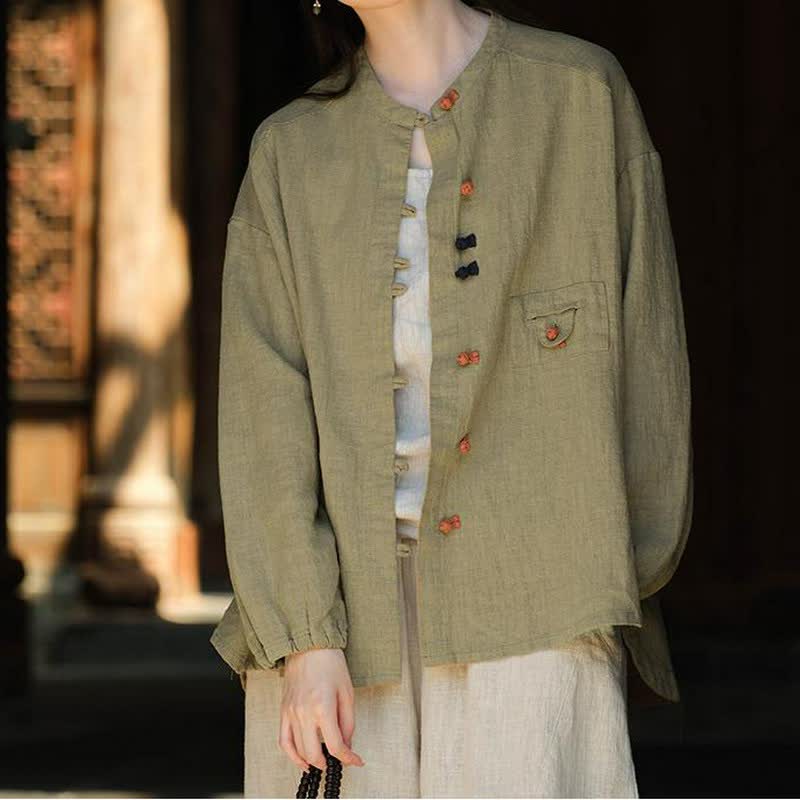 Buddha Stones Fall Tang Style Vintage Frog Button Solid Ramie Women's Long Sleeve Shirts - image 1