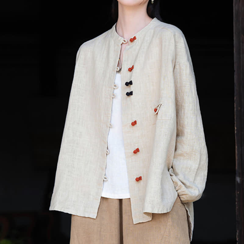 Buddha Stones Fall Tang Style Vintage Frog Button Solid Ramie Women's Long Sleeve Shirts - image 7