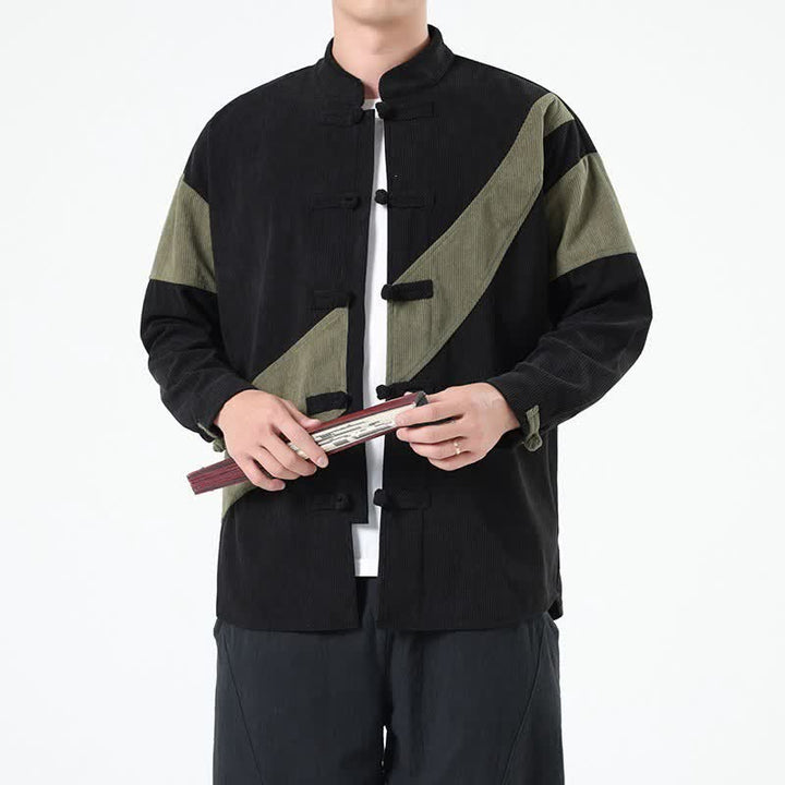 Buddha Stones Fall Winter Casual Tang Style Frog Button Corduroy Geometric Men's Jacket - image 11