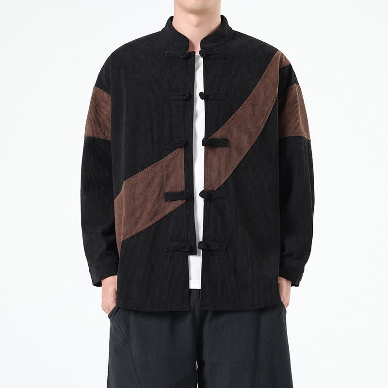 Buddha Stones Fall Winter Casual Tang Style Frog Button Corduroy Geometric Men's Jacket - image 1
