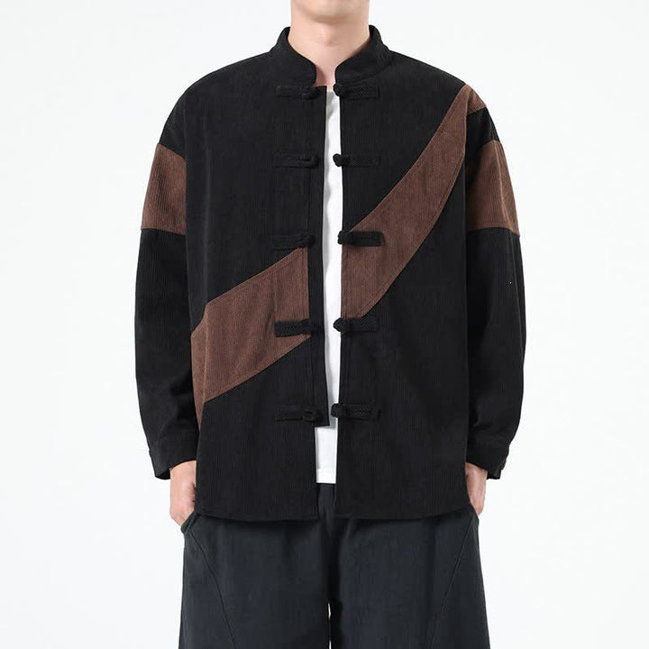 Buddha Stones Fall Winter Casual Tang Style Frog Button Corduroy Geometric Men's Jacket - image 1