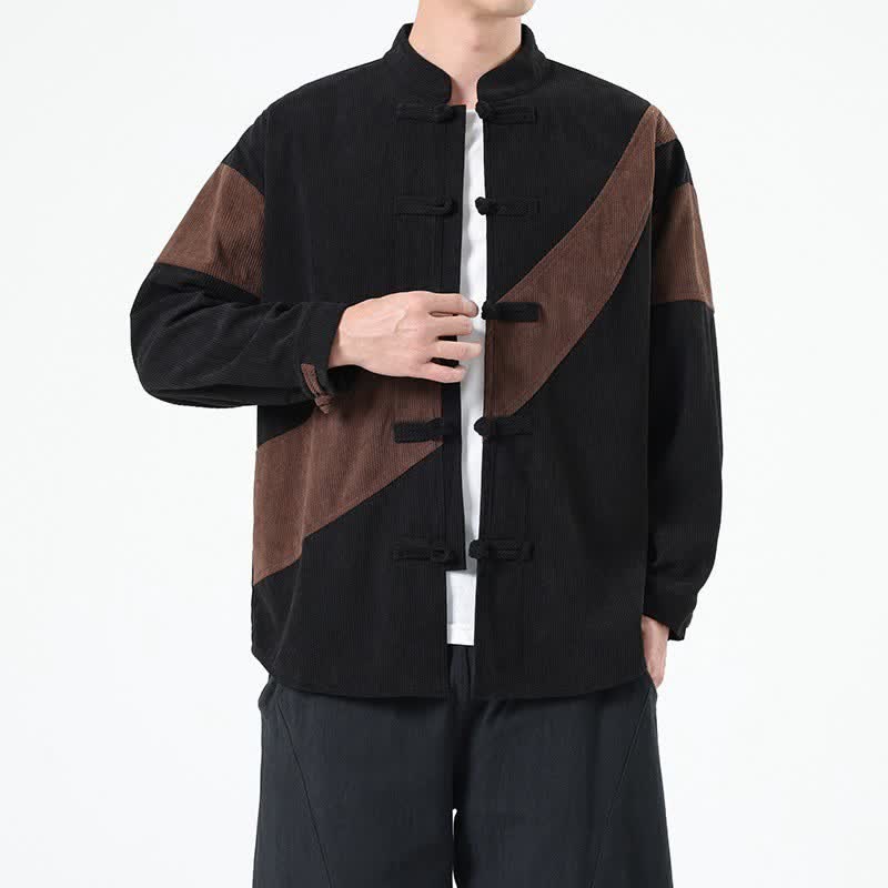 Buddha Stones Fall Winter Casual Tang Style Frog Button Corduroy Geometric Men's Jacket - SaddleBrown - US/UK/AU46，EU56 (5XL) - image 0