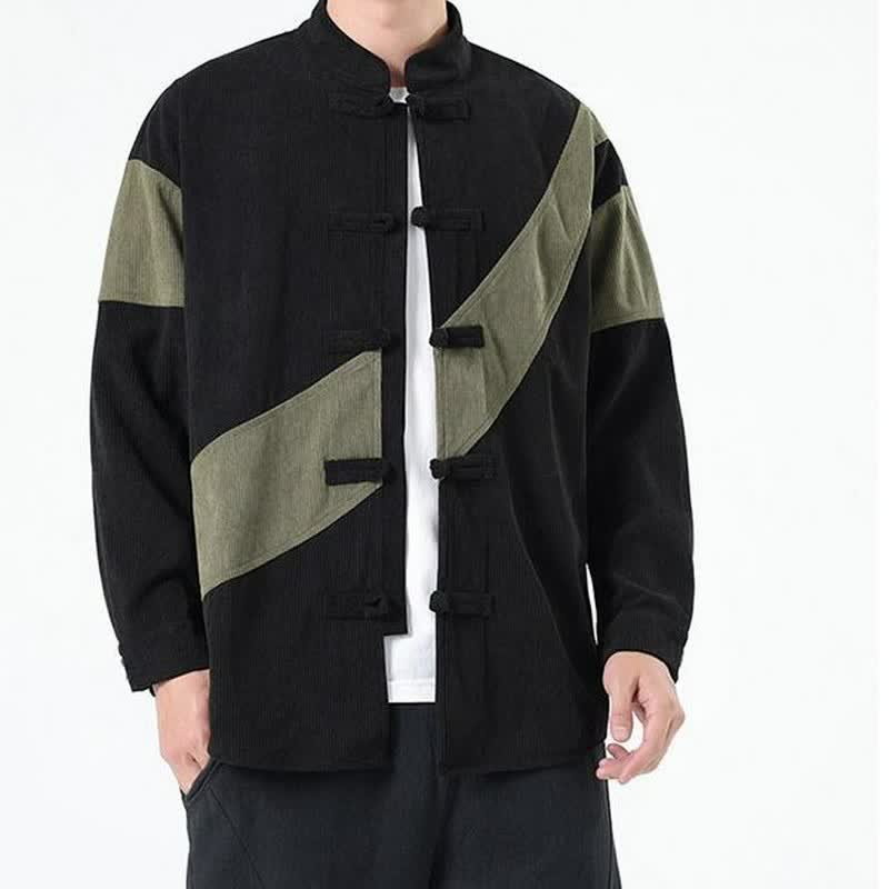 Buddha Stones Fall Winter Casual Tang Style Frog Button Corduroy Geometric Men's Jacket - image 7