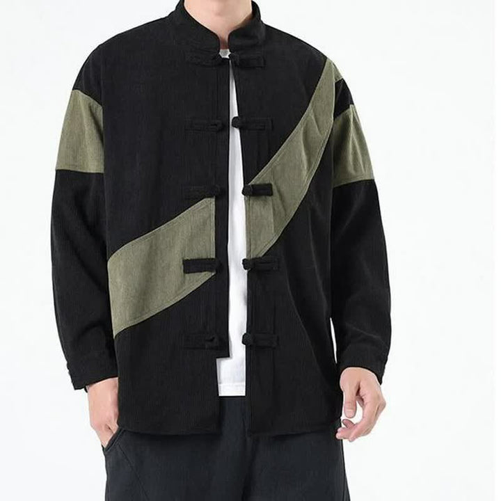 Buddha Stones Fall Winter Casual Tang Style Frog Button Corduroy Geometric Men's Jacket - image 7