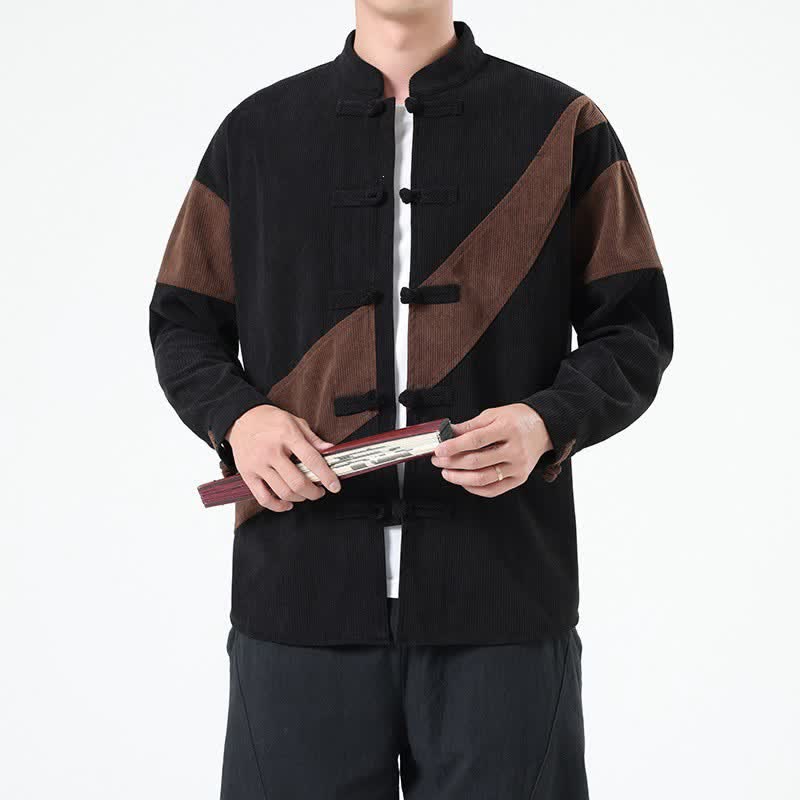 Buddha Stones Fall Winter Casual Tang Style Frog Button Corduroy Geometric Men's Jacket - image 5