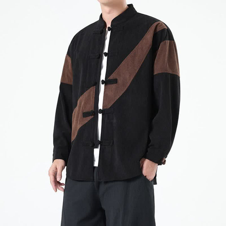 Buddha Stones Fall Winter Casual Tang Style Frog Button Corduroy Geometric Men's Jacket - image 3