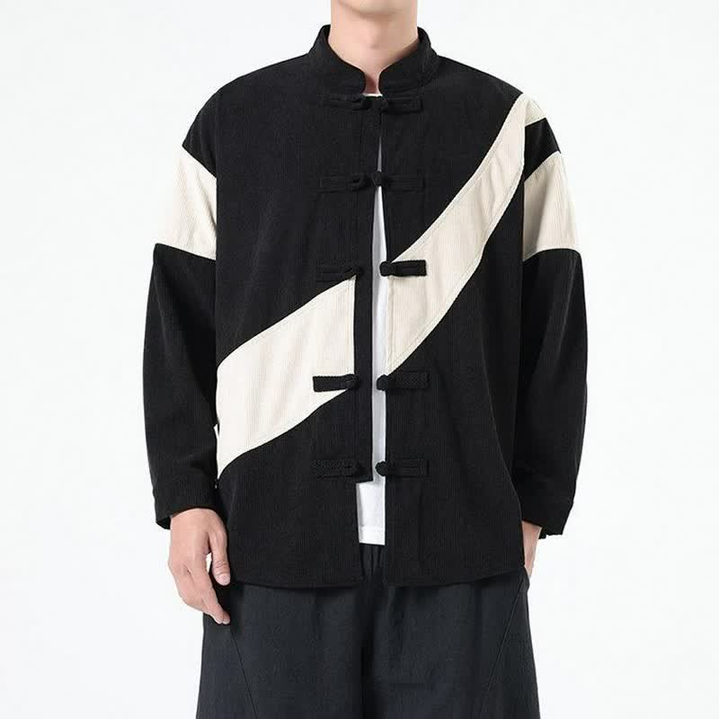 Buddha Stones Fall Winter Casual Tang Style Frog Button Corduroy Geometric Men's Jacket - image 12