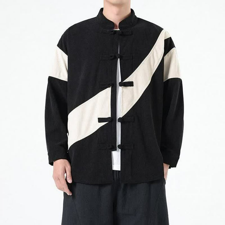 Buddha Stones Fall Winter Casual Tang Style Frog Button Corduroy Geometric Men's Jacket - image 12