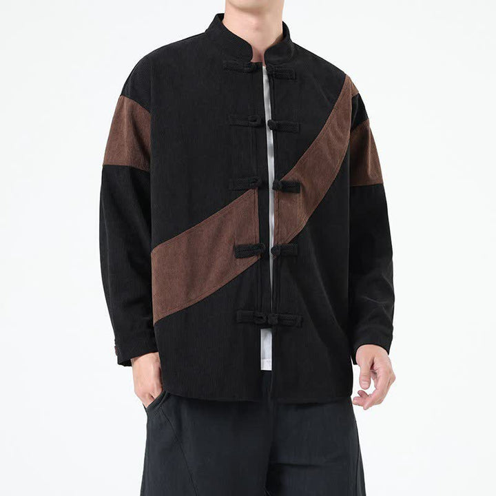 Buddha Stones Fall Winter Casual Tang Style Frog Button Corduroy Geometric Men's Jacket - image 2
