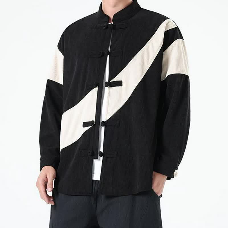 Buddha Stones Fall Winter Casual Tang Style Frog Button Corduroy Geometric Men's Jacket - image 14