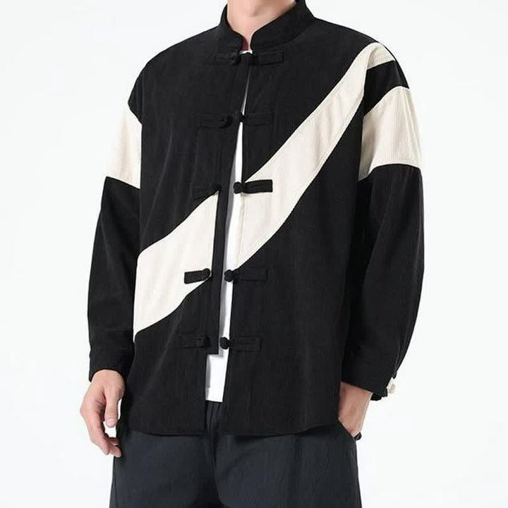 Buddha Stones Fall Winter Casual Tang Style Frog Button Corduroy Geometric Men's Jacket - image 14
