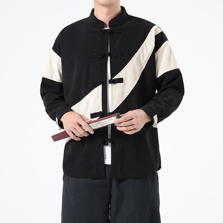 Buddha Stones Fall Winter Casual Tang Style Frog Button Corduroy Geometric Men's Jacket - image 15