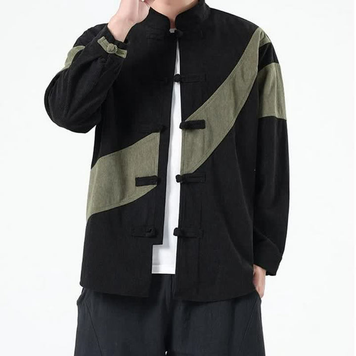Buddha Stones Fall Winter Casual Tang Style Frog Button Corduroy Geometric Men's Jacket - image 8