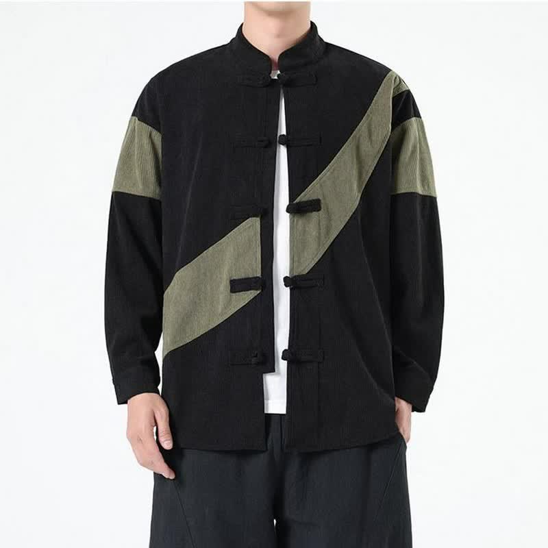 Buddha Stones Fall Winter Casual Tang Style Frog Button Corduroy Geometric Men's Jacket - DarkOliveGreen - US/UK/AU46，EU56 (5XL) - image 6
