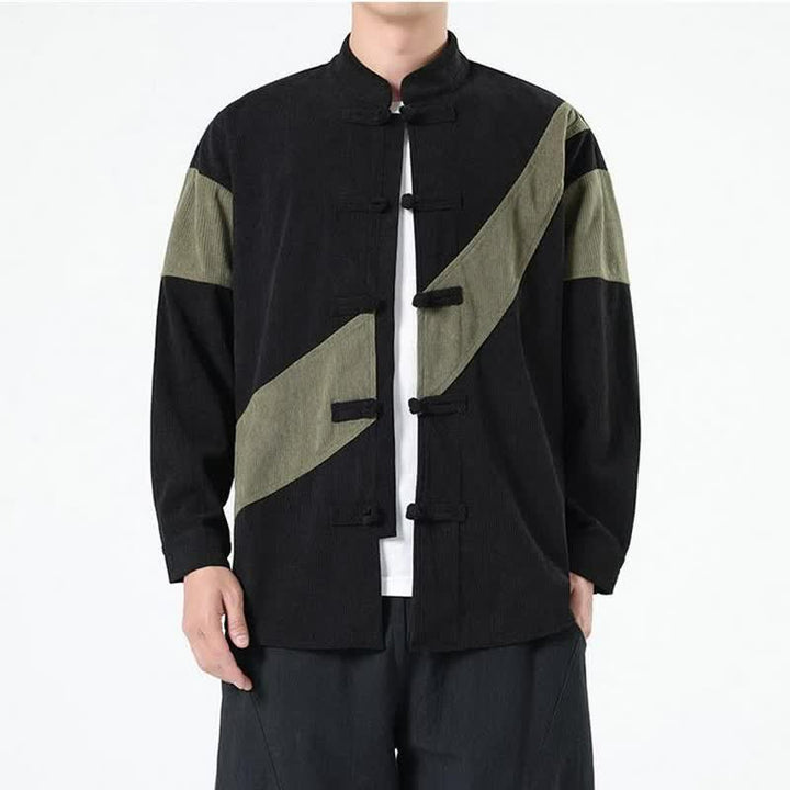 Buddha Stones Fall Winter Casual Tang Style Frog Button Corduroy Geometric Men's Jacket - DarkOliveGreen - US/UK/AU46，EU56 (5XL) - image 6