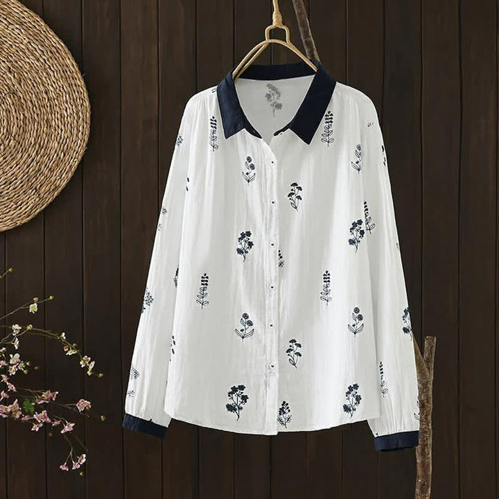 Buddha Stones Spring Fall Casual Vintage Button-Up Floral Women's Long Sleeve Shirts - White - US12, UK/AU16, EU44 (3XL) - image 4