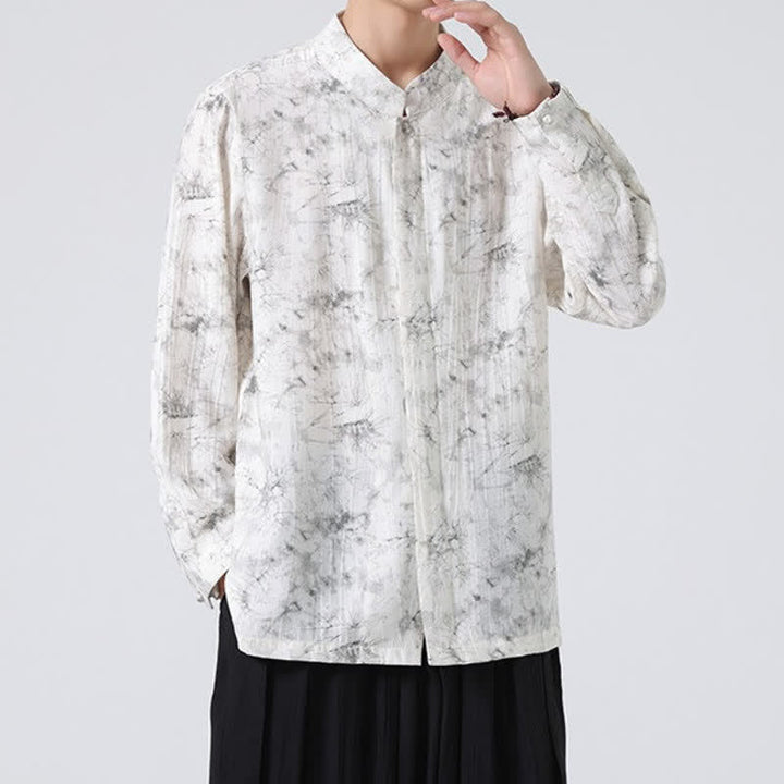Buddha Stones Spring Tang Style Minimalist Mandarin Collar Abstract Men's Long Sleeve Shirts - image 3