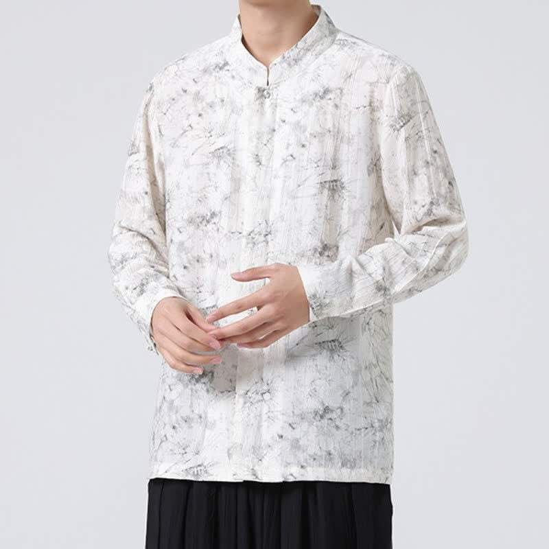 Buddha Stones Spring Tang Style Minimalist Mandarin Collar Abstract Men's Long Sleeve Shirts - image 1