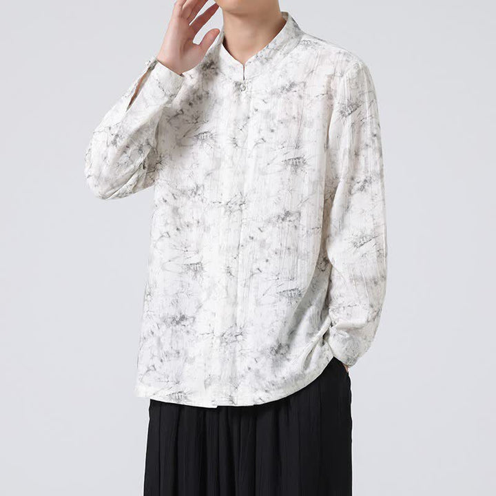 Buddha Stones Spring Tang Style Minimalist Mandarin Collar Abstract Men's Long Sleeve Shirts - image 5