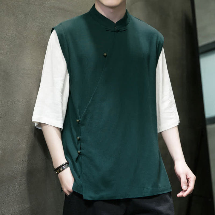 Buddha Stones Summer Tang Style Casual Mandarin Collar Frog Button Solid Tank Top Men's Short Sleeve Shirts - image 1