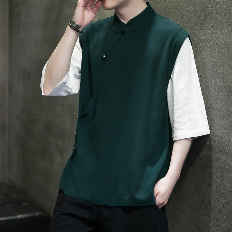 Buddha Stones Summer Tang Style Casual Mandarin Collar Frog Button Solid Tank Top Men's Short Sleeve Shirts - image 3