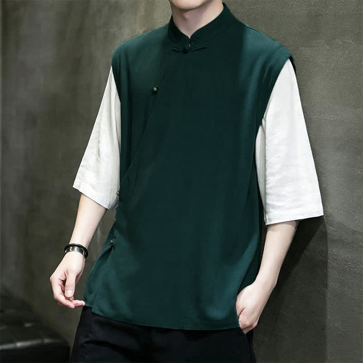 Buddha Stones Summer Tang Style Casual Mandarin Collar Frog Button Solid Tank Top Men's Short Sleeve Shirts - image 2