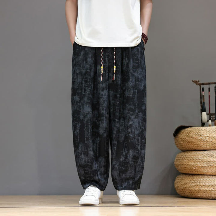 Buddha Stones Spring Summer Casual Vintage Drawstring Washed Abstract Ankle Pants Men's Straight Leg Pants With Pocket - Black - US/UK/AU52, EU62 (8XL) - image 0