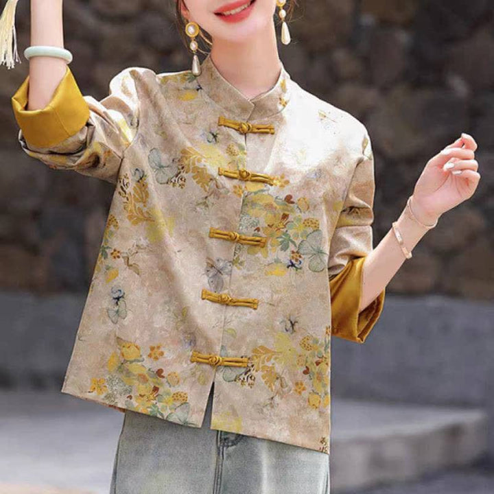 Buddha Stones Fall Vintage Tang Style Frog Button Golden Floral Women's Jacket - image 1