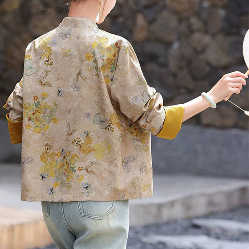 Buddha Stones Fall Vintage Tang Style Frog Button Golden Floral Women's Jacket - image 3
