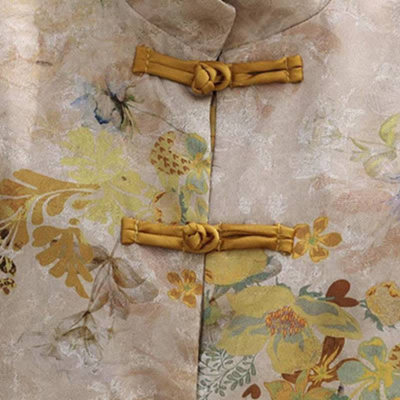 Buddha Stones Fall Vintage Tang Style Frog Button Golden Floral Women's Jacket - image 7