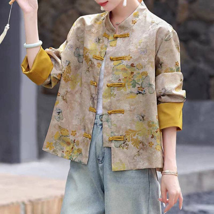 Buddha Stones Fall Vintage Tang Style Frog Button Golden Floral Women's Jacket - image 2