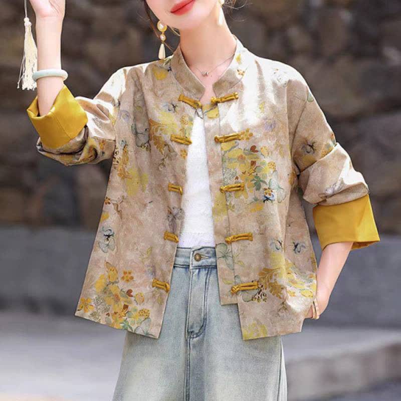 Buddha Stones Fall Vintage Tang Style Frog Button Golden Floral Women's Jacket - image 4