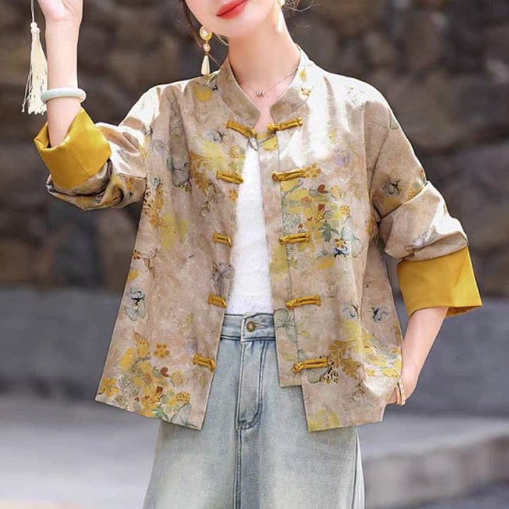 Buddha Stones Fall Vintage Tang Style Frog Button Golden Floral Women's Jacket - image 4