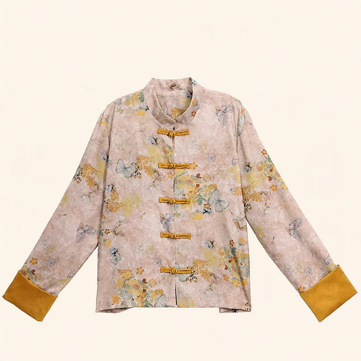 Buddha Stones Fall Vintage Tang Style Frog Button Golden Floral Women's Jacket - image 5