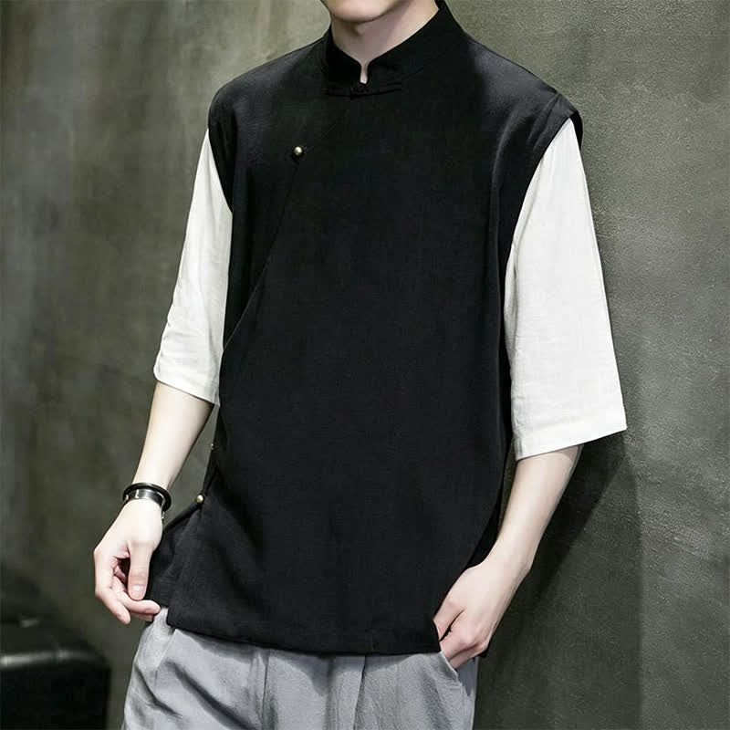 Buddha Stones Summer Tang Style Casual Mandarin Collar Frog Button Solid Tank Top Men's Short Sleeve Shirts - image 8