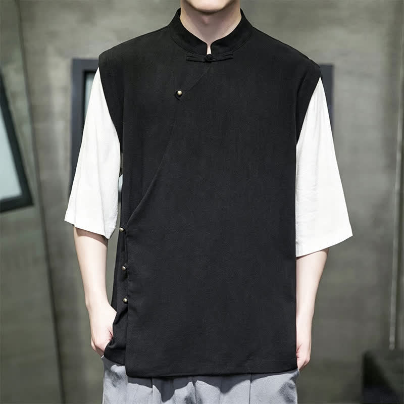 Buddha Stones Summer Tang Style Casual Mandarin Collar Frog Button Solid Tank Top Men's Short Sleeve Shirts - Black - US/UK/AU48, EU58 (6XL) - image 7
