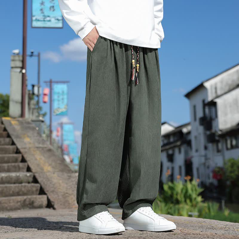 Buddha Stones Fall Winter Casual Vintage Drawstring Solid Corduroy Ankle Pants Men's Straight Leg Pants With Pockets - image 1