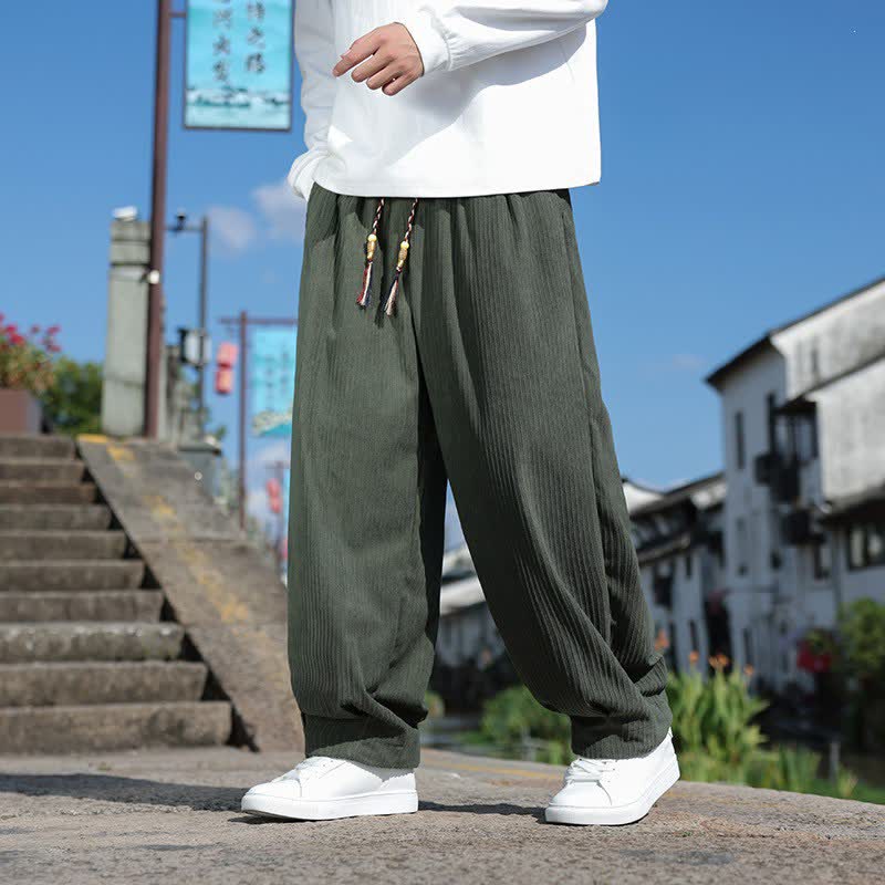 Buddha Stones Fall Winter Casual Vintage Drawstring Solid Corduroy Ankle Pants Men's Straight Leg Pants With Pockets - DarkOliveGreen - US/UK/AU46，EU56 (5XL) - image 0