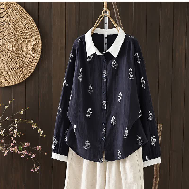 Buddha Stones Spring Fall Casual Vintage Button-Up Floral Women's Long Sleeve Shirts - Navy - US12, UK/AU16, EU44 (3XL) - image 0