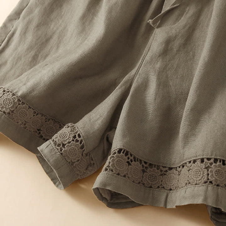 Buddha Stones Plain Color Bottom Hollow Lace Design Lace-up Cotton Women's Shorts With Pockets - image 13