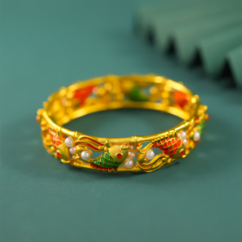 Buddha Stones Gold-Plated Brass Koi Fish Success Vintage Chinese Cuff Bracelet Bangle - image 4
