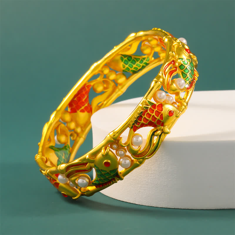 Buddha Stones Gold-Plated Brass Koi Fish Success Vintage Chinese Cuff Bracelet Bangle - image 2